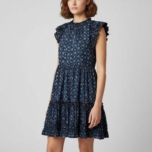 Ulla Johnson Joan Mini Dress Ultramarine Navy Floral Print Ruffle Tiered Size 4